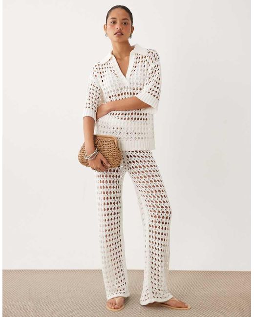 ASOS Natural Beach Crochet Collared Short Sleeve Top Co-Ord
