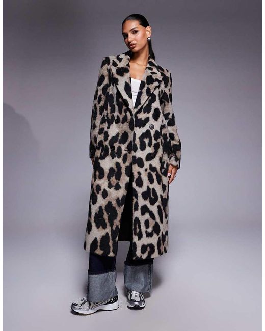 River Island Brown Brushed Leopard Print Double Breasted Coat