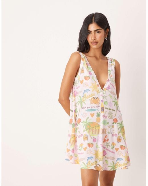 ASOS White – etuikleid mit tropischem print und tiefem v-ausschnitt