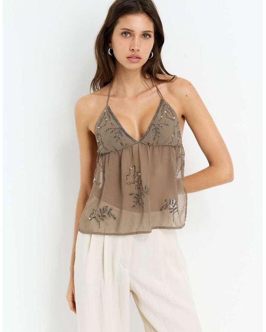 Pull&Bear Natural Beaded Top