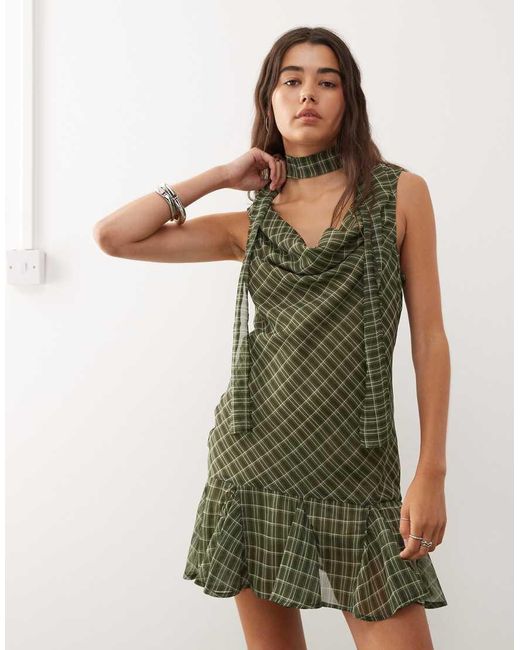 Reclaimed Vintage Green Mini Dress With Drop Waist And Scarf