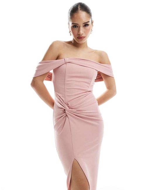 TFNC London Pink Bridesmaid Fallen Shoulder Maxi Dress With Split