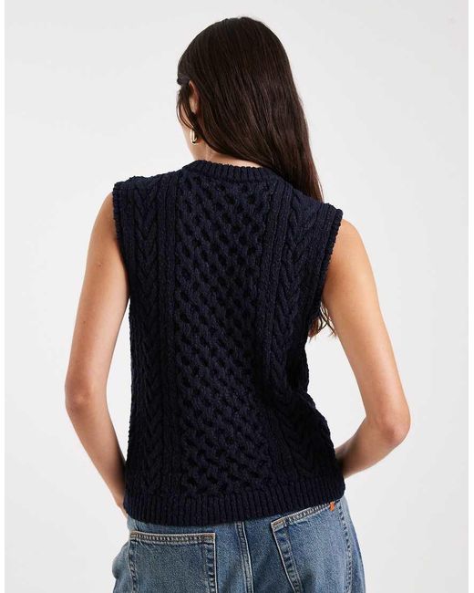 4th & Reckless Blue Chunky Cable Knit Gold Button Sleeveless Vest