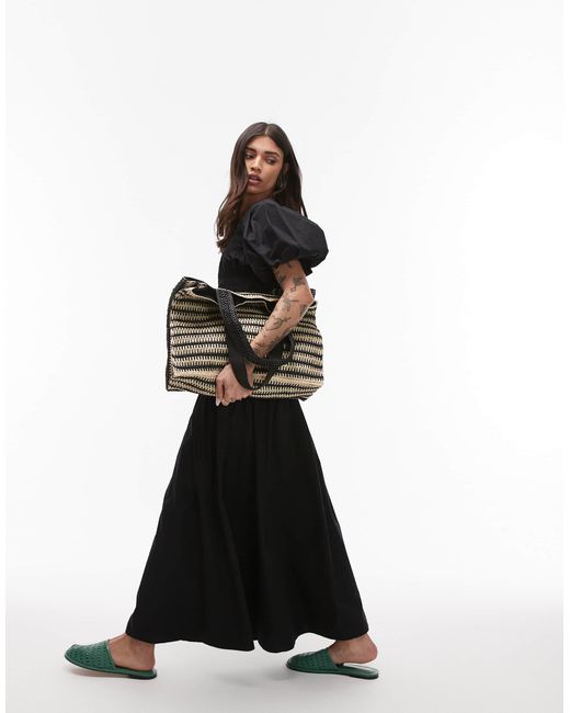 Robe mi-longue froncée à encolure carrée et manches bouffantes - noir TOPSHOP en coloris Black