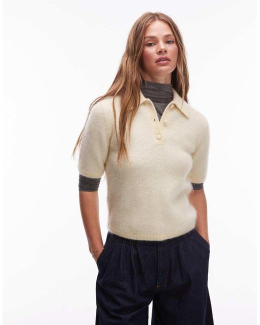 & Other Stories Natural Mohair And Wool Knitted Slim Fit Top With Polo Collar