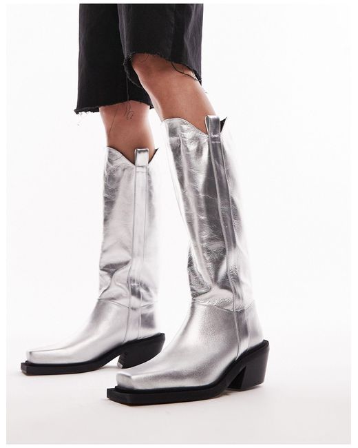 TOPSHOP White Rose Premium Leather Western Knee High Boots