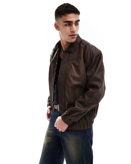 ASOS Black Oversized Real Leather Harrington Jacket for men