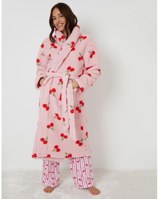 Threadbare Pink Cherry Print Borg Dressing Gown