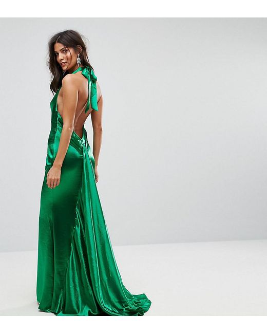 Jarlo High Neck Fishtail Maxi Dress With Open Back Detail in Green | Lyst