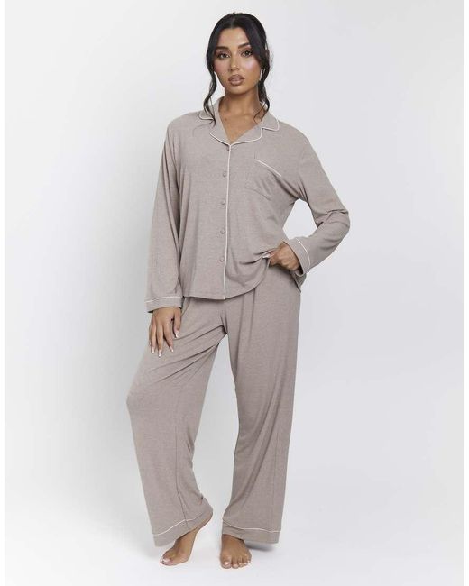Loungeable Gray Rib Long Sleeve Traditional Shirt And Long Pant