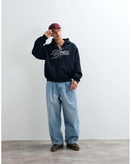 Weekday Blue Oversized Zip Up Hoodie With Broken Beats Embroidery for men