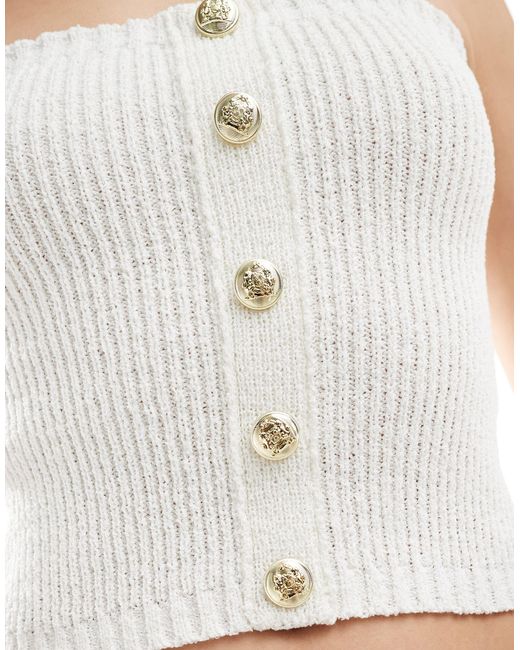 4th & Reckless White Ribbed Knit Bandeau Gold Button Detail Top