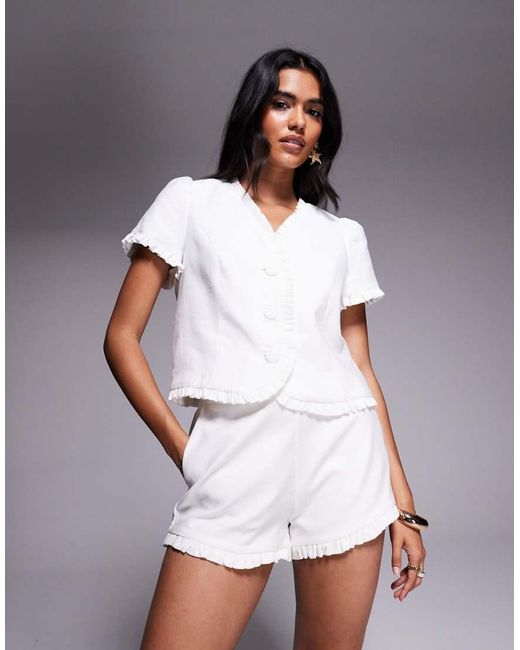 River Island White Frill Detail Linen Shorts Co-ord