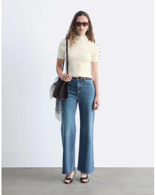 & Other Stories Blue Cotton-blend Short Sleeve Knitted Top With Shoulder Button Detail