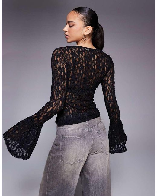 ASOS Gray Sheer Lace Fluted Cuff Top