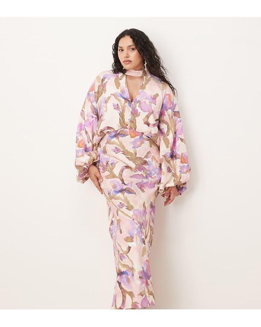 ASOS Pink Asos Design Curve High Neck Plunge Maxi Dress With Blouson Sleeves