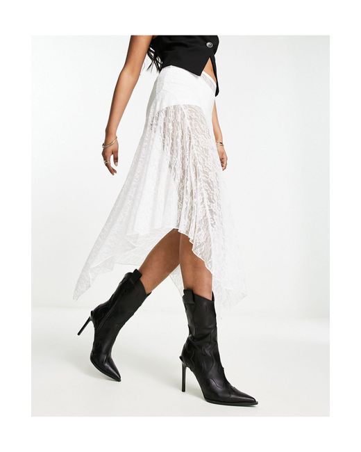 Bershka White Lace Hanky Hem Midi Skirt