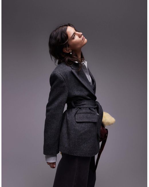 Blazer en sergé à double boutonnage et ceinture - anthracite TOPSHOP en coloris Blue