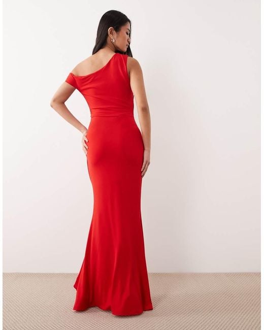 TFNC London Red Slinky Fallen Shoulder Thigh Split Ruffle Detail Midaxi Dress