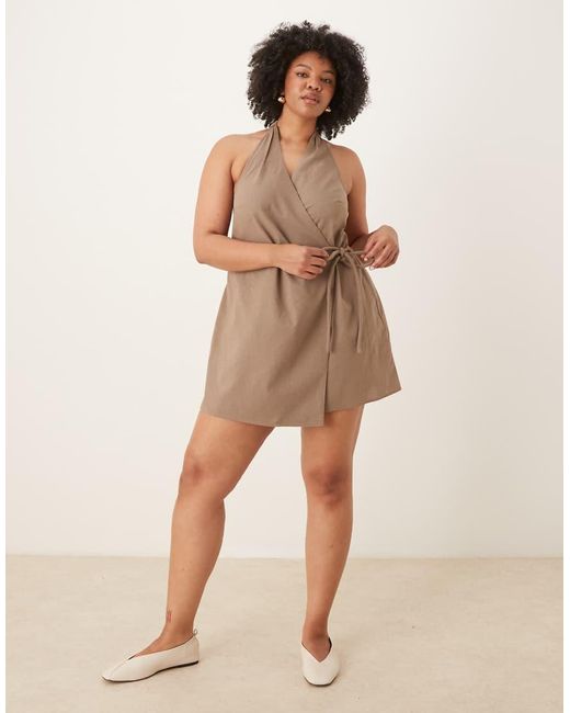 ASOS Brown Asos Design Curve Cotton Linen Blend Halter Neck Wrap Mini Sundress