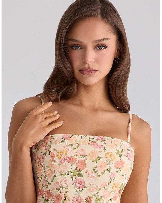 House Of Cb Natural Dolly Warm Rose Print Cotton Flared Mini Sundress