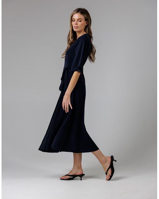 French Connection Black V- Neck Bell Sleeve Wrap Tie Crepe Midi Dress
