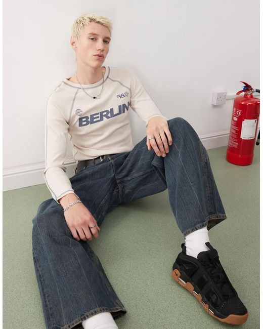Collusion White Long Sleeve Shrunken Berlin Graphic Football Tee for men