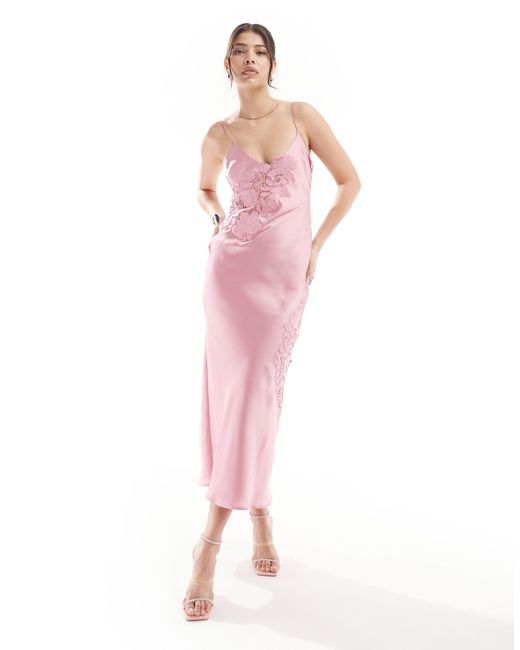 ASOS Pink Satin Lace Applique Cami Strap Midi Dress