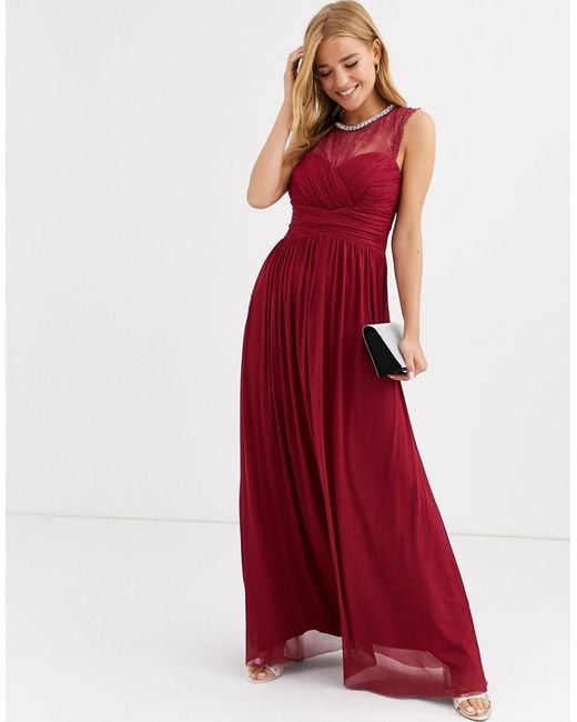 Lipsy Red Ruched Maxi Dress With Lace Yolk And Embellished Neck