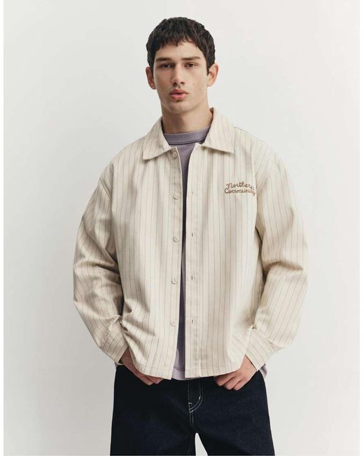 Pull&Bear Natural Embroidered Striped Shirt for men