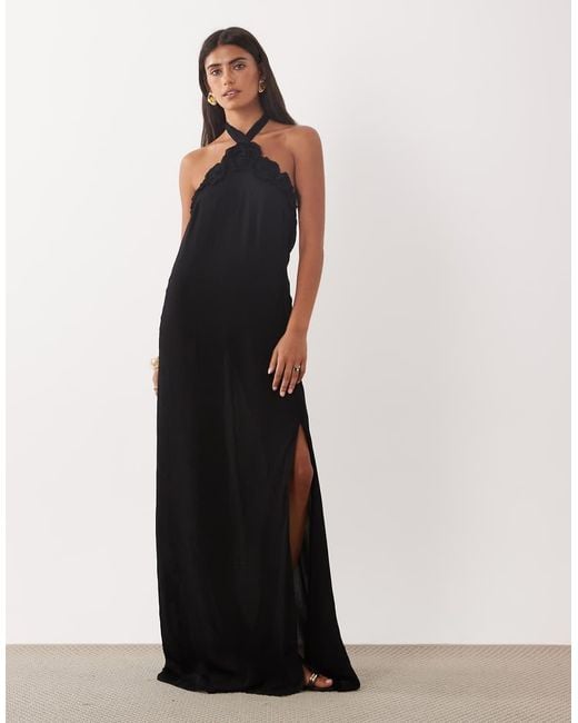 Mango Brown Rose Detail Halterneck Maxi Dress
