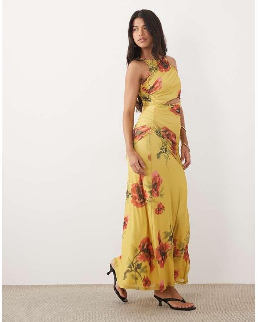 ASOS Metallic Mesh Square Halter Maxi Dress With Asymmetric Ruching