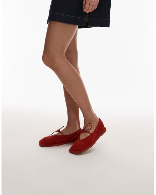 TOPSHOP Red Alaia Suede Ballet With Tie