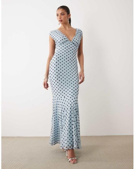 ASOS Blue V Neck Fishtail Polka Dot Print Maxi Dress