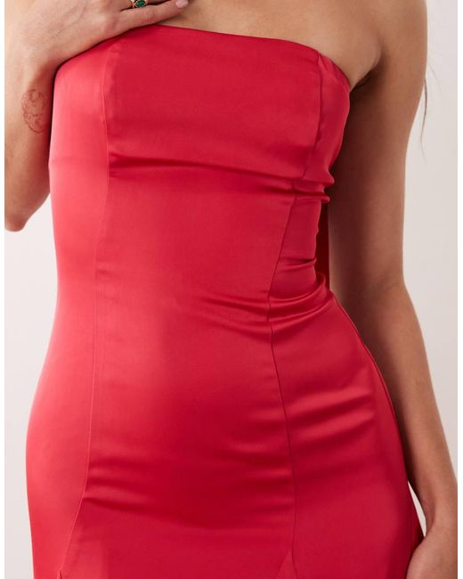 Kaiia Red Exclusive Satin Scarf Detail Bandeau Godet Hem Maxi Dress
