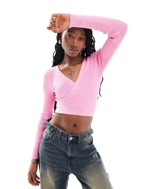 ONLY Pink Ribbed Long Sleeve Crop Top With Cross Front Detail