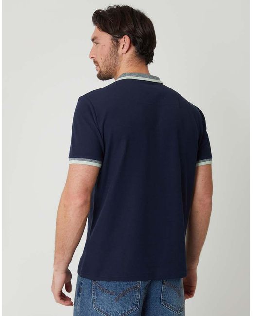 Threadbare Blue Cotton Tipping Collar Quarter Zip Pique Polo Shirt for men