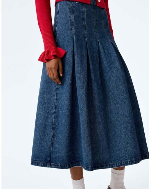 OMNES Red Skirts Pru Pleated Denim Midi Skirt
