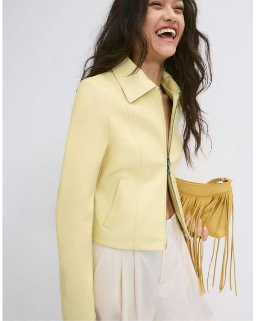 Stradivarius White Fitted Leather Effect Jacket