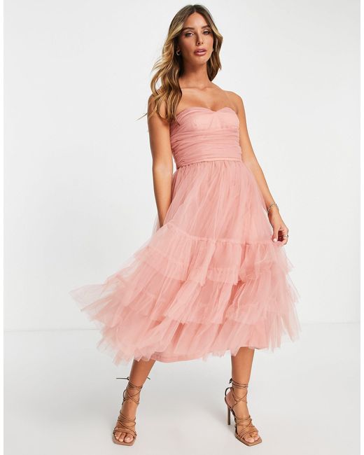 LACE & BEADS Pink Bridesmaid Ruched Tiered Midaxi Dress