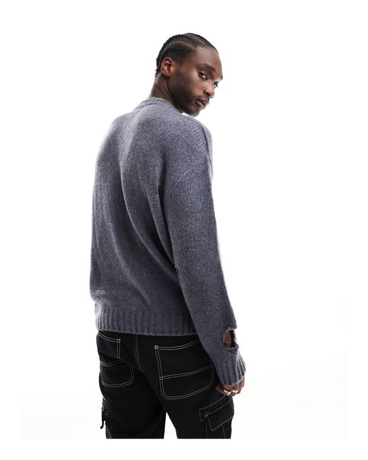 ASOS Blue Oversized Knitted Jumper With Distressing for men