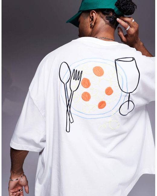 T-shirt oversize coupe carrée avec motif nourriture brodé ASOS pour homme en coloris White