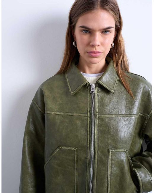 Chaqueta Verde Lavado Con Cremallera Y Bolsillos De Parche De Cuero Sintético De TOPSHOP de color Gray