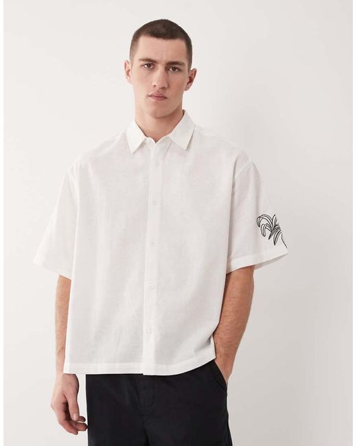 ASOS Natural Boxy Oversized Shirt With Linen And Back And Sleeve Print for men