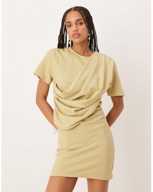 ASOS Natural Textured Short Sleeve Drape Front Mini Dress
