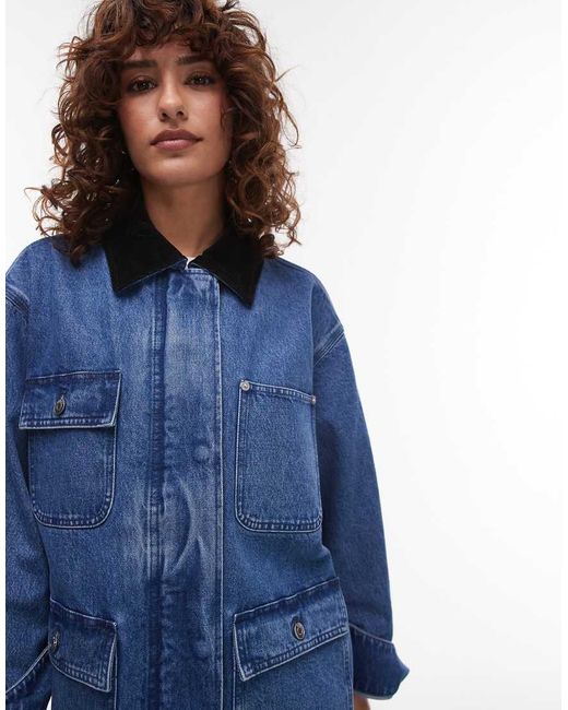 ARKET Blue Denim Oversized Workwear Barn Jacket With Flap Pockets And Contrast Collar