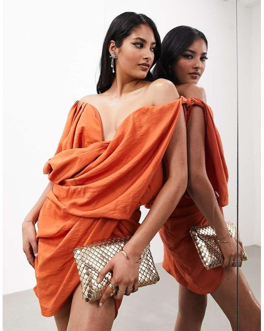 ASOS Orange Memory Draped Structure Off Shoulder Mini Dress