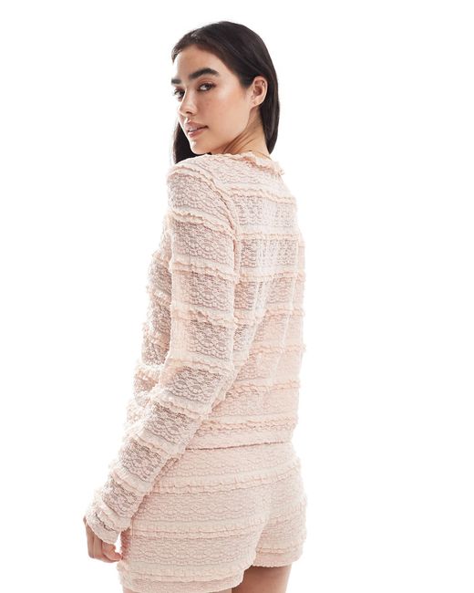 Vero Moda Natural – gerafftes, langärmliges oberteil aus spitze