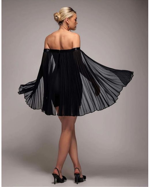Goddiva Gray Strapless Mini Dress With Pleated Chiffon Cape