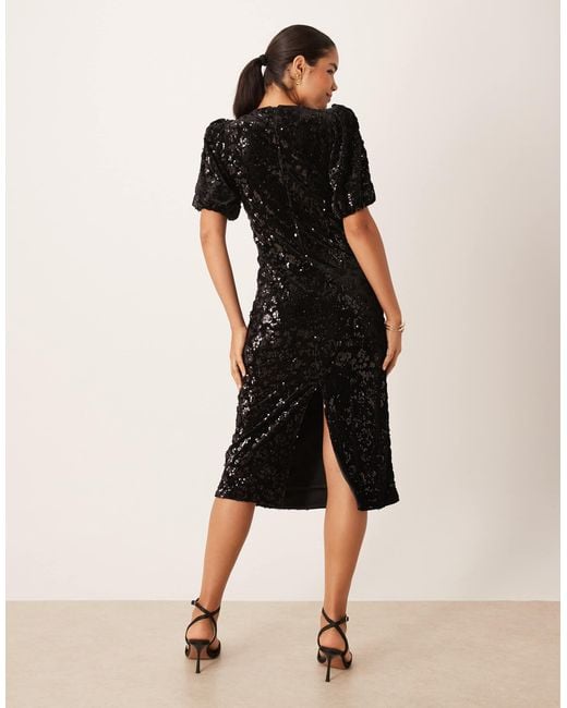 Y.A.S Black Puff Sleeve Sequin Midi Dress